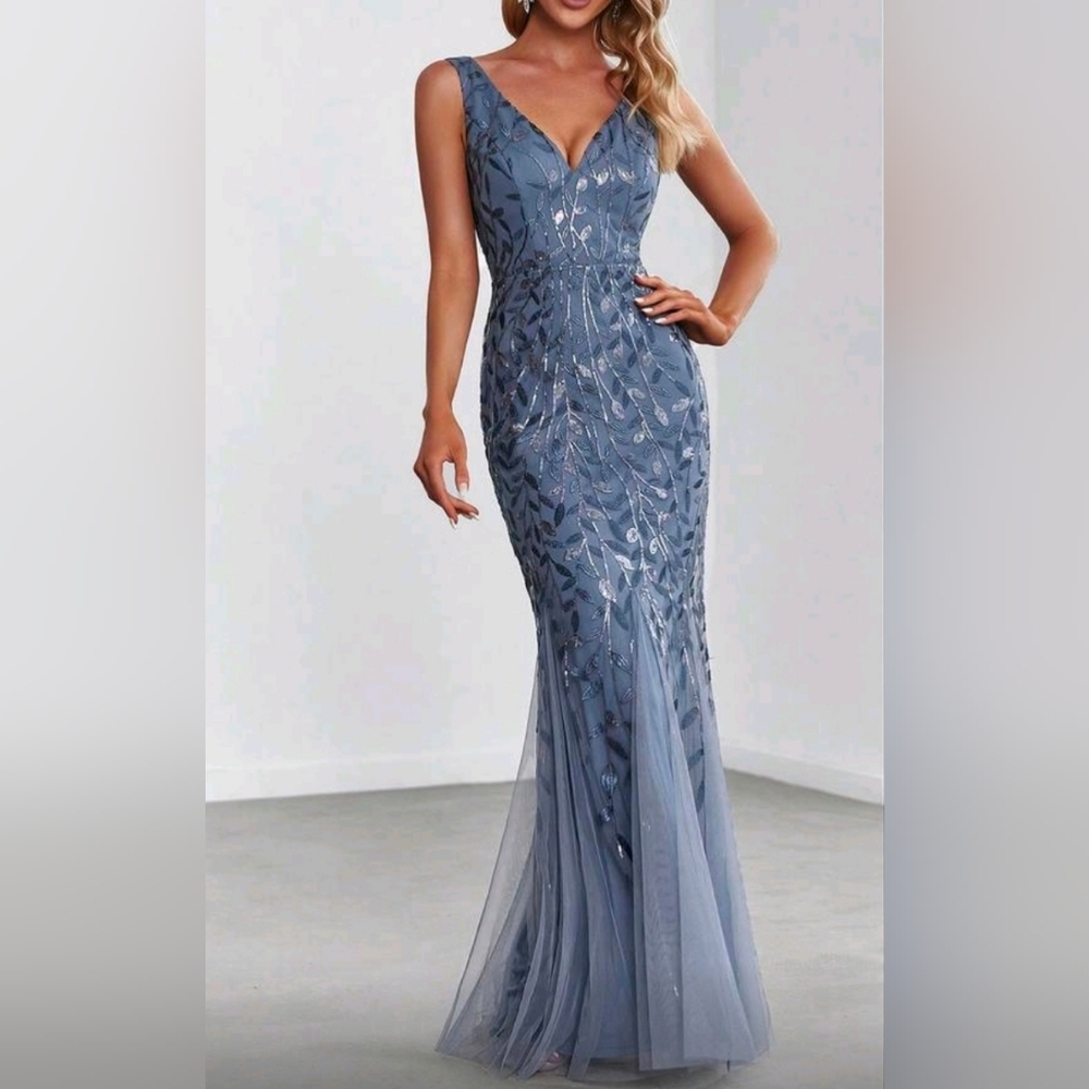 * New Glam Floral Leaf Sequin Mesh Maxi Mermaid Gown Dress Dusty Blue